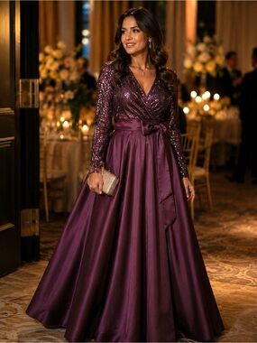 Xscape Plum Purple Sequin Satin Wrap Front-Slit Full A-Line Floor-Length Gown